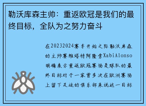 勒沃库森主帅：重返欧冠是我们的最终目标，全队为之努力奋斗